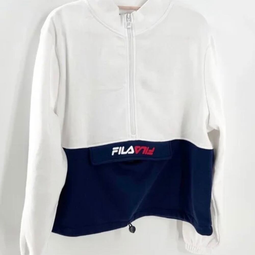 0348 NWT FILA Women's Half Zip Pullover Sweatshirt Colorblock White Blue Fleece - Picture 1 of 13
